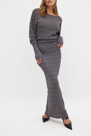 NA-KD Robe longue en maille pailletée - Robes maxi à manches longues - Gris - L (EU 42-44)