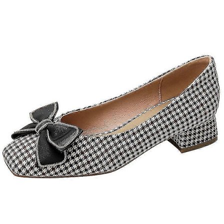 Vår Höst Låg Klack Retro Mångsidig Rosett Loafers Houndstooth Fyrkantig Tå Grund Mun Tjock Klack Dam Mellan Klack Skor