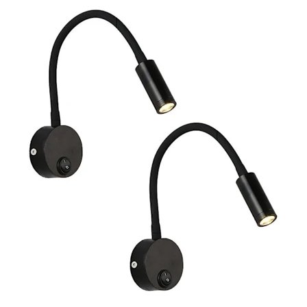 2 stk 3W Fleksible LED Svanehals Sengelampe Vegglampe Sylinder med Slire Uten Kabel (Svart)