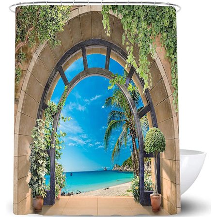 Duschdraperi med strand- och havsutsikt 180*180CM Vattentät badrum badkar Anti-mögel Polyestertyg Badrum Svart Duschdraperi Landskap Havsdraperi