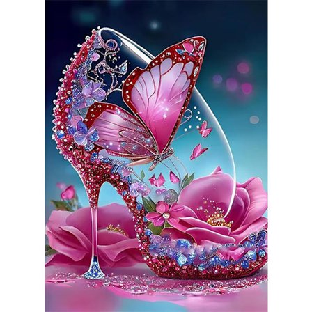 Korkokengät Perhonen 5D Timanttimaalaussarjat Aikuisille, Timanttitaidesarjat Aikuisille Aloittelijoille, DIY Täysi Pyöreä Poramaalaus Timanteilla, 