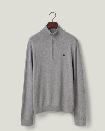 Lexington Strikket genser i bomull med halvglidelås, lys grå melert