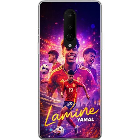Kompatibelt Mobildeksel til OnePlus OnePlus 8 Lamine Yamal fotballplakat i spansk landslagstøy med dynamisk handling, fargerik sportsillustrasjon for