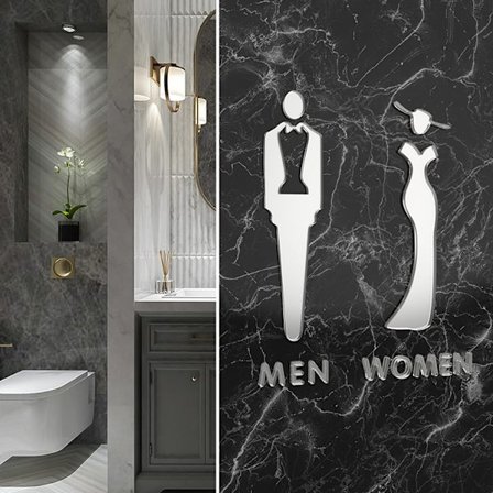 Stereoskooppinen minimalistinen miesten ja naisten WC-tunnistekyltti kauppakeskukseen, WC-kyltti kotiin, hotelliin, luova WC-tunnistekyltti, hopea