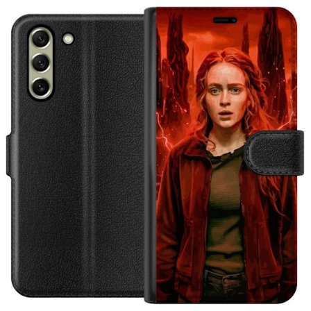 Kompatibelt Plånboksfodral till Samsung Samsung Galaxy S21 FE 5G Porträtt av en ung kvinna med rött hår i en apokalyptisk landskap, röda blixtar