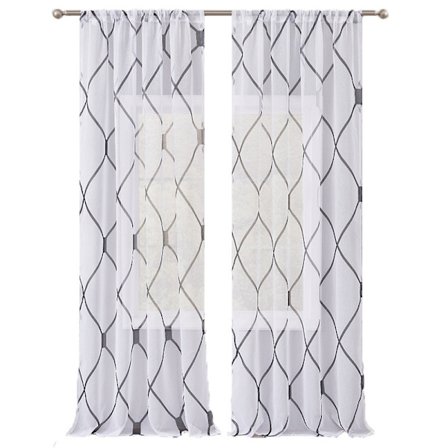 Broderte Rutete Hvite Tyllgardiner, Damaskteksturerte Halvtyllgardiner med Kanal, Sett med 2, 140 cm B x 259 cm L, Grå