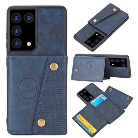 Samsung Galaxy S21 Ultra - Läder Skal Med Kortfack Och Magnet - Blue Blå