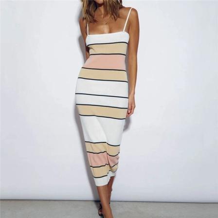 Sommar Kvinnor Vintage Randigt Print Slip Midi Klänning Sexig Sleevel