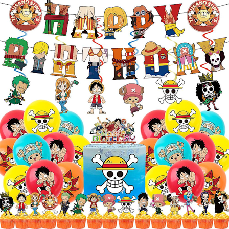 One Piece Anime-teemaiset syntymäpäiväjuhlatarvikkeet Lateksipallobanneri Pendulums Kakku Cupcake Toppers Set (FMY)