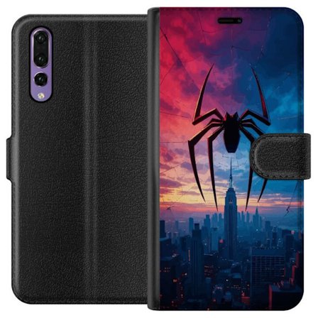 Yhteensopiva Lompakkokotelo Huawei Huawei P20 Pro Tyylikäs hämähäkki kaupungin horisontin yläpuolella dramaattisessa auringonlaskussa, graafinen