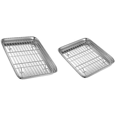 Sæt med 2 Risterovnsbakker og Ristestativ, Lille Rustfrit Stål Bageplade med Kølegitter, 10" &