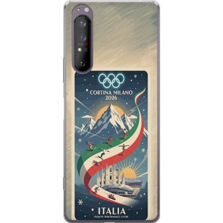 Kompatibel Mobilcover til Sony Xperia 1 II Skitse med skiskytteudøver der sigter med riffel på en snebaner, teksten Milano Cortina 2026 og de olympisk