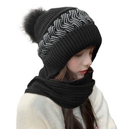 Naisten talvipipo huivi All-in-One pipo Pom Pomilla, fleecevuorattu naisten lämpöneulepipo, musta