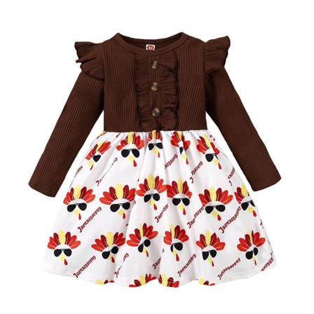 Flickor Långärmade Klänningar Knappar Dekor Crew Neck Party Dress