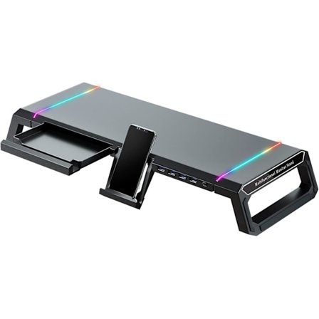 RGB Spillingsmonitorstativ for Gaming - 4 USB 3.0-hub, 3 justerbare lengder med skuff, lagring og