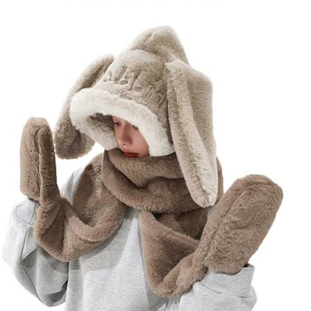 Jentehatt med kaninører, tredelt skjerf-votter i ett - Vintertilbehør