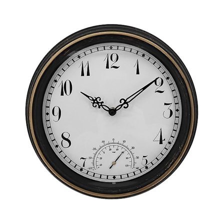 Ulkokäyttöön tarkoitettu vedenpitävä seinäkello lämpömittarilla IP44 Vintage pyöreä puutarhakello 12 tuuman ulkokello