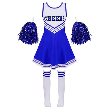 Flickor Cheerleading Uniform Dansekostume Børn Cheerleader Outfit Rund Halsudskæring Patchwork Stil Dansekjole Blomst og Strømper blu
