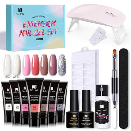 15ml Extension Gel Negle Kit med Mini Neglelampe UV Extension Geler Pensel Falske Negletips Negle Extension Tips Klips Base Coat Top Coat for 