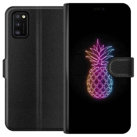 Kompatibelt Lommeboketui til Samsung Samsung Galaxy A41 Neonlysillustrasjon av ananas i fargerikt lys mot svart bakgrunn