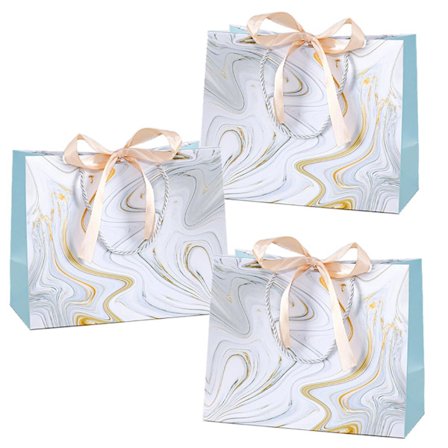 3 st Marmor Presentpåsar 36,6x12,2x25,4 cm med Handtag, Återanvändbara Papperspåsar för Baby Shower Bröllop Födelsedagsfest Favörer
