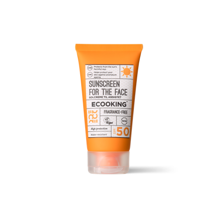 Ecooking Solcreme Til Ansigtet, 50 ml, SPF 50, UVA-UVB Beskyttelse, Vandafvisende, Plejende med Økologiske Ekstrakter