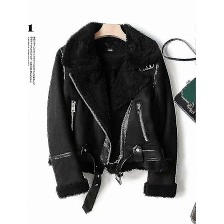 Dam Vinter Faux Shearling Fårskinn Fusk Läder Jackor Dam Tjock Varm Mocka Lamm Kort Motorcykel Brun Kappa