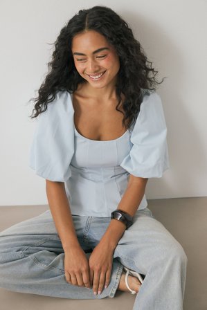 NA-KD Pleated Puff Sleeve Top - Toppe med puff ærmer - Blå - L