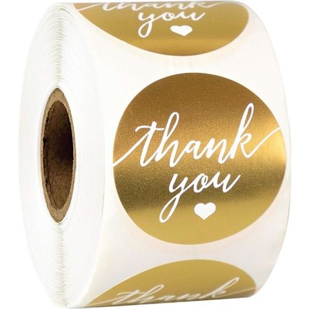 Tack-etikett klistermärke 1,5" rund med guld och vitt hjärta 500 etiketter per rulle, tack-klistermärke guld för födelsedagar, bröllop, giveaways, 
