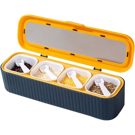 Krydderboks med rom, skjeer og klart lokk, krydderglass og krydderbeholdere kompatibel med kjøkken for oppbevaring av salt, paprika, sukker, pepper (