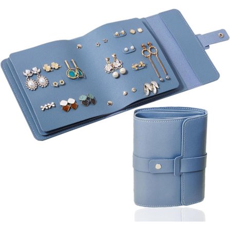 Liten Øredobbok, Reise Smykkerull PU Lær, Bærbar Øredobbok, Sammenleggbar Reise Smykkeorganisator, Reise Smykkepose, Blå