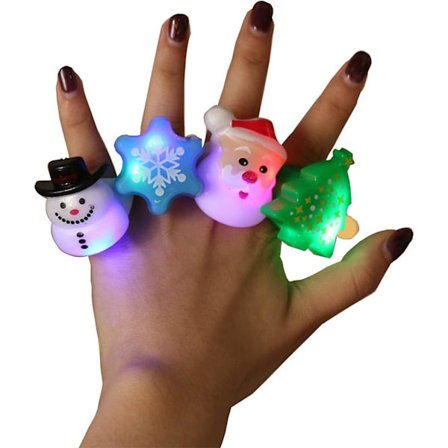 4-pack julblinkande ringar, snöflinga julgran tomte snögubbe blinkande lysande finger LED-ringar