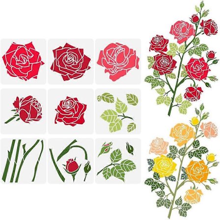 9 stk. Stor Rosesjablong for Maling 30x30 cm Roseblomst Sjablong for Hagegjerde Villblomst Sjablong Blomsterplante Tema Mal for (FMY)