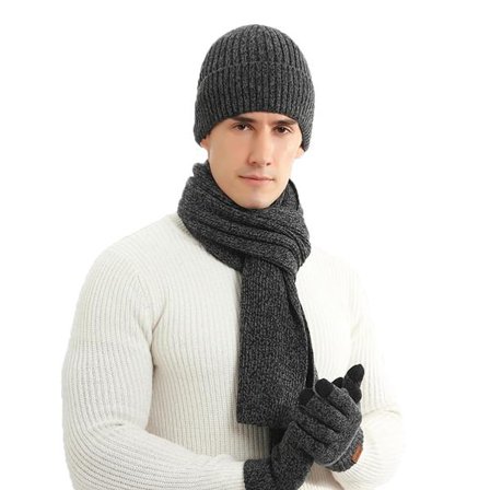 Vinterlue, skjerf og hanskesett for menn, fleeceforet strikkelue med berøringsskjermhansker, termisk langt skjerf for utendørssport og kulde