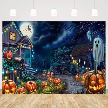 IC Mystisk hus Halloween bakgrunn for fotografering Heksehage Onde gresskar Nyfødte barn portrett Foto bakgrunnsdekor (5x3FT)