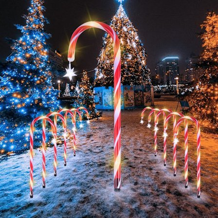 10 kpl Candy Cane -valot, Lämmin Valkoinen LED Joulukepijoulukoristeet 8 Valomoodilla, 53 cm Polku Merkit Puutarhavalot Tähtien kanssa