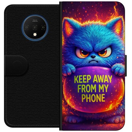 Kompatibelt Lommeboketui til OnePlus OnePlus 7T Sinna lodne blå katt med teksten "Hold deg unna telefonen min" i neonfarger og ildlignende effekter,