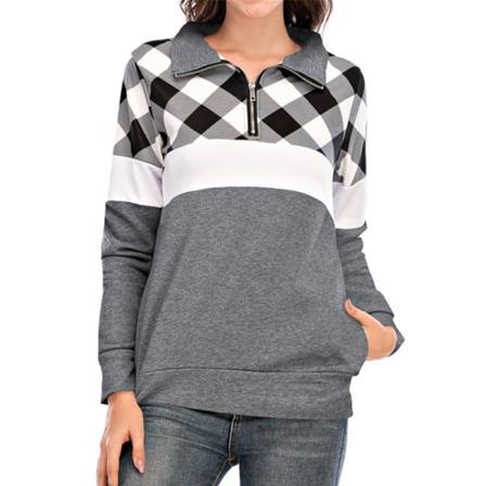 Kvinnor Rutig Lapel Collar Color Block Toppar Dragkedja Casual Pullover
