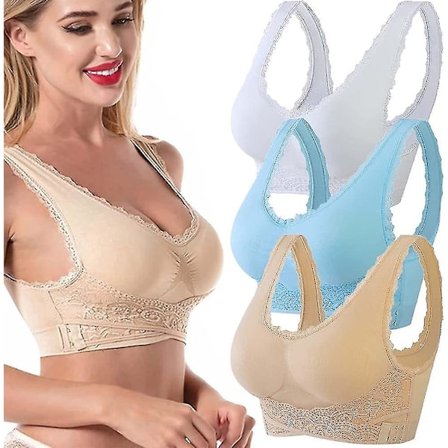 3-pack Tourmalinformad Bystlyftande BH, Trådlös Tourmalinformad BH, Spetslyftande BH med Korsning Framtill och Sidospännen