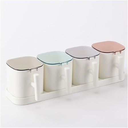 Kryddburk Transparent kryddburksset med sked, lock och sockerskål på bricka kök kryddbehållare