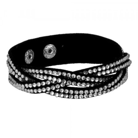 Flätat Läderarmband/Läder Armband med Strass/Rhinestones - Svart