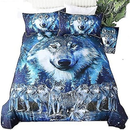 Aurora Borealis Dyre Ulv Leder Sengetøy Sett 3d Blå Ulver Ved Månenatt Skog Dekorativt Dynetrekk Sett Sengetøy Hjemmetekstil For Voksne Gutter
