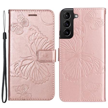 Samsung Galaxy S22 Plus Fodral Fjärilar Tryckt Läder Roséguld