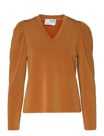 Slflora Ls V-Neck Sweat Top B Langærmet T-shirt Orange Selected Femme
