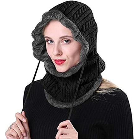 Musta - Miesten lämmin villasta neulottu balaclava 2 in 1 hupullinen huivihattu