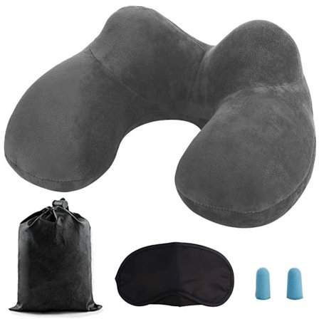 Oppustelig Rejsepude med Dobbelte Ventiler, Vaskbart Betræk, inkl. Ørepropper, Øjenmaske & Opbevaringspose_TF_TF