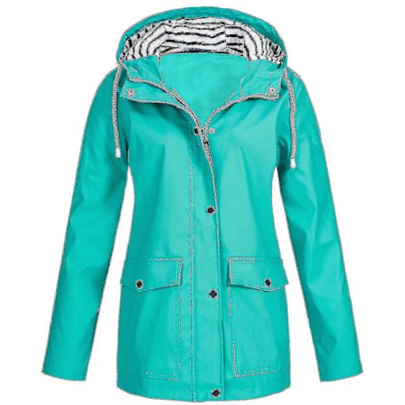 Dame Solid Regnjakke Utendørs Pluss Størrelse Vanntett Hette Regnfrakk Vindtett