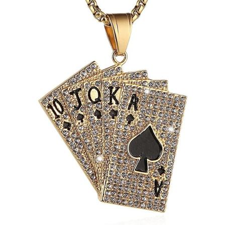 Ghyt Hip Hop Rock Spillekort Poker Cz Anheng Lykke Royal Flush Ess Av Spar Rustfritt Stål Halskjede