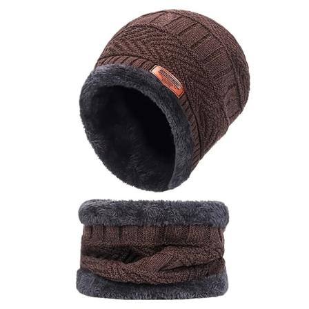 1 st Vinter varm stickad mössa för män, förtjockad och fleece halsduk, vindtät mössa Brown