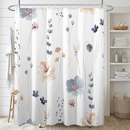 Akvarel blomster bruseforhæng sæt, blå beige blomster badeværelsesgardiner, moderne minimalistisk hvidt badeforhæng, vandtæt stof 183x183 cm